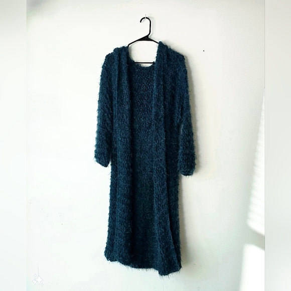 S/M Long knitted cardigan, teal knit cloak, oversized chunky full length duster - Picture 3 of 8